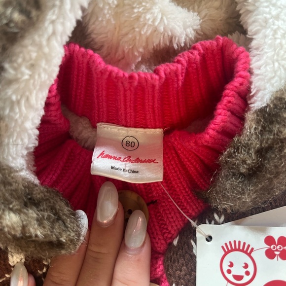 Hanna andersson kids fluffy knitted jacket, brown,pink and white, cat and dog - Picture 5 of 5